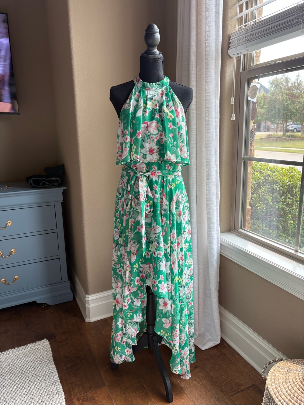 Eliza J Green Floral High-Low Halter Maxi Dress